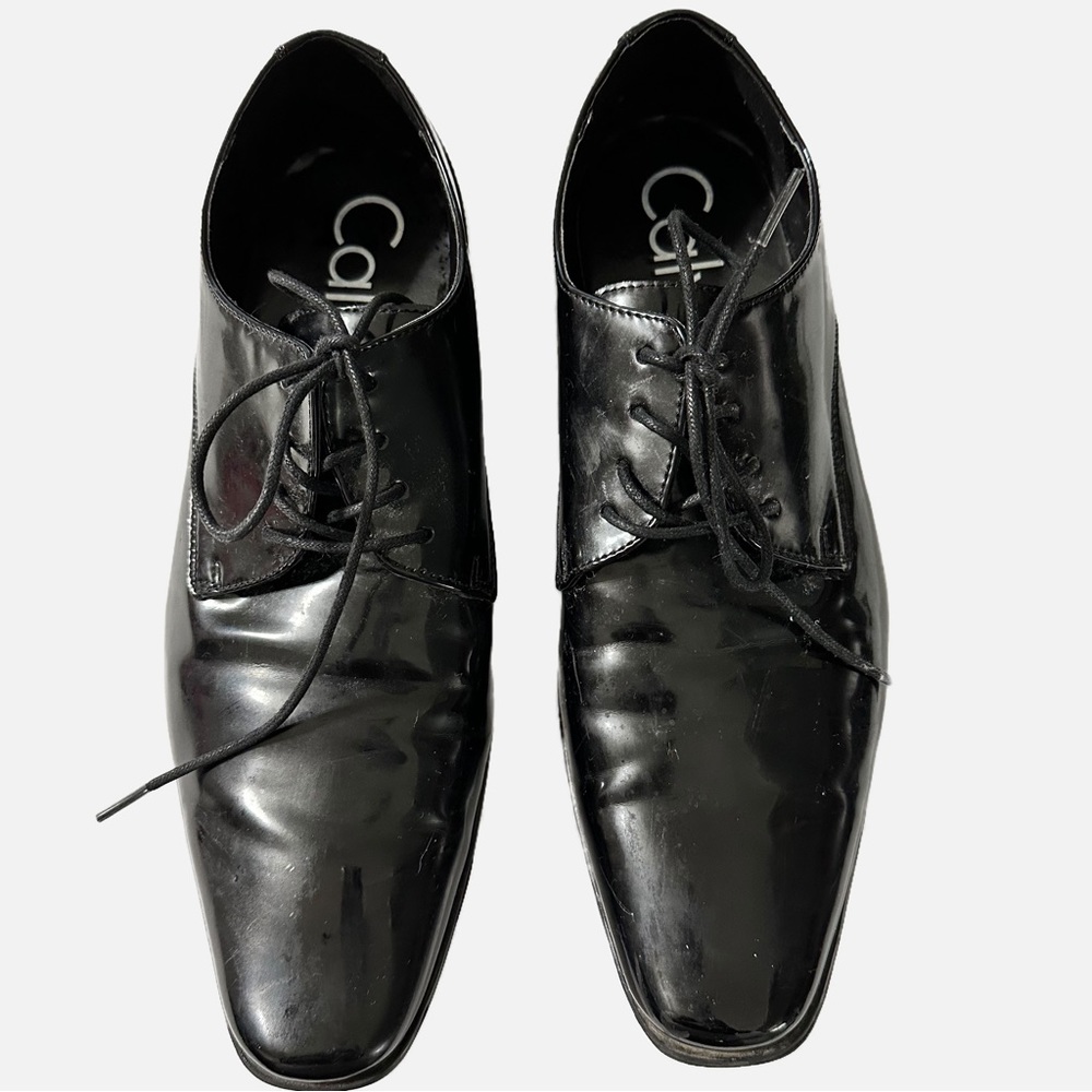 CALVIN KLEIN Black Brody Oxfords Dress Shoes Patent Leather Lace Up Size 12